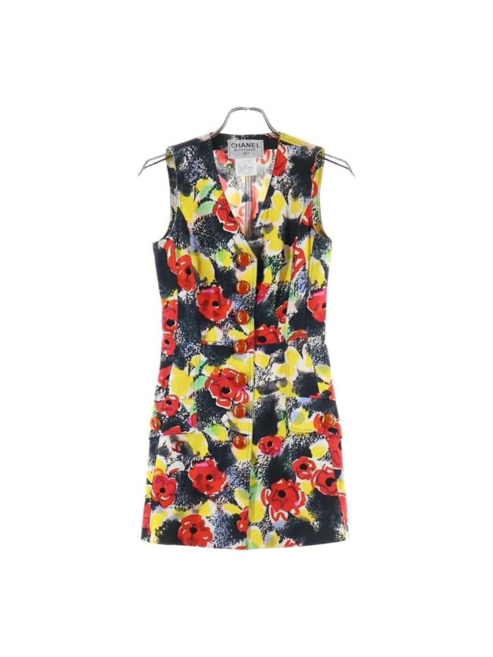 Chanel Vintage Sleeveless Floral Dress CC Logo Button Multicolor